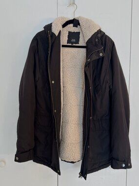 River Island Men's Sherpa Lined Parka Jacket Black Hooded Size M